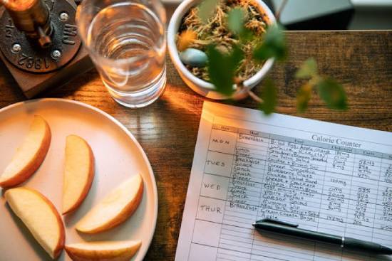 A calorie-counting sheet beside a plate of sliced apples and a glass of water. This illustrates how some people plan their meals.