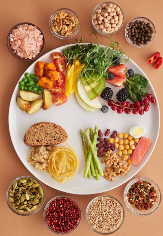 An assortment of fruits, vegetables, grains, and proteins on and around a plate. They illustrate the types of nutrition we need.