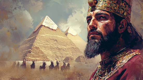 Close-up of a ruler with Egyptian pyramids in the background. This illustrates Joseph when he ruled Egypt under God's guidance.