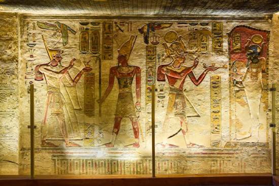 Hieroglyphs on a wall in Egypt Egyptian art depicting Egyptian pharaohs and gods