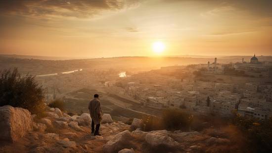Palestine Sunset A traveler experiencing a panoramic view of a Palestinian sunset.