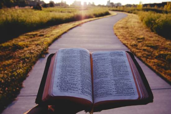 An open Bible in a Highway An open Bible in the middle of an a well-lit highway.