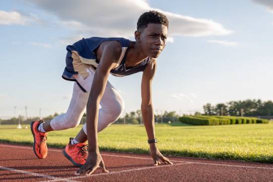 An athlete on a running track ready to get running to the finish line.