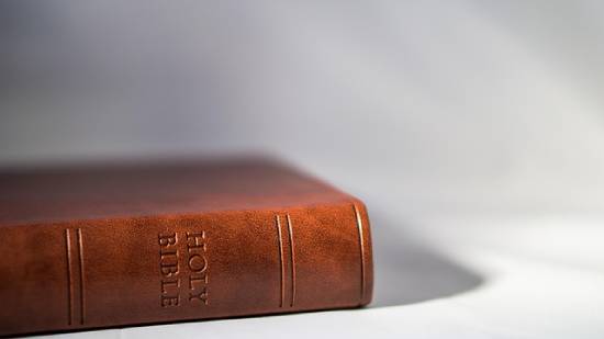 A brown covered Holy Bible on a flat surface.