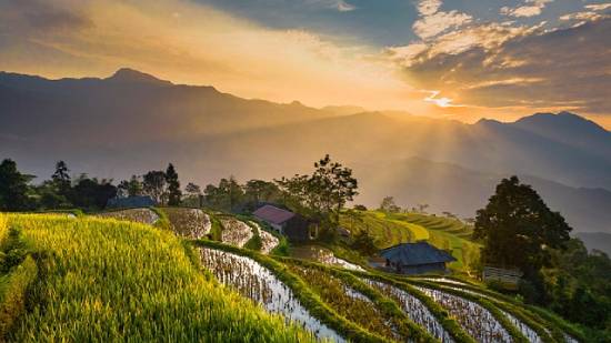 Beautiful grassy and uneven terrain during the golden hour.