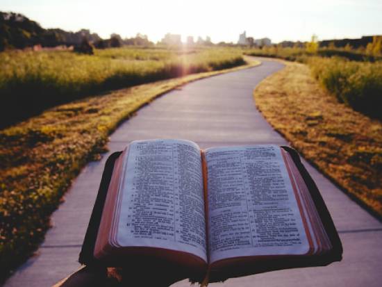 Open Bible An open Bible lifted in the middle of a road giving instructions on trusting God with the future.