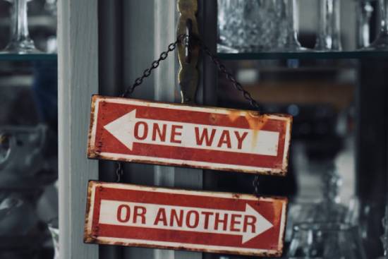 Direction Signs Opposite pointing direction signs hanging from a metal pole presenting two possible options.